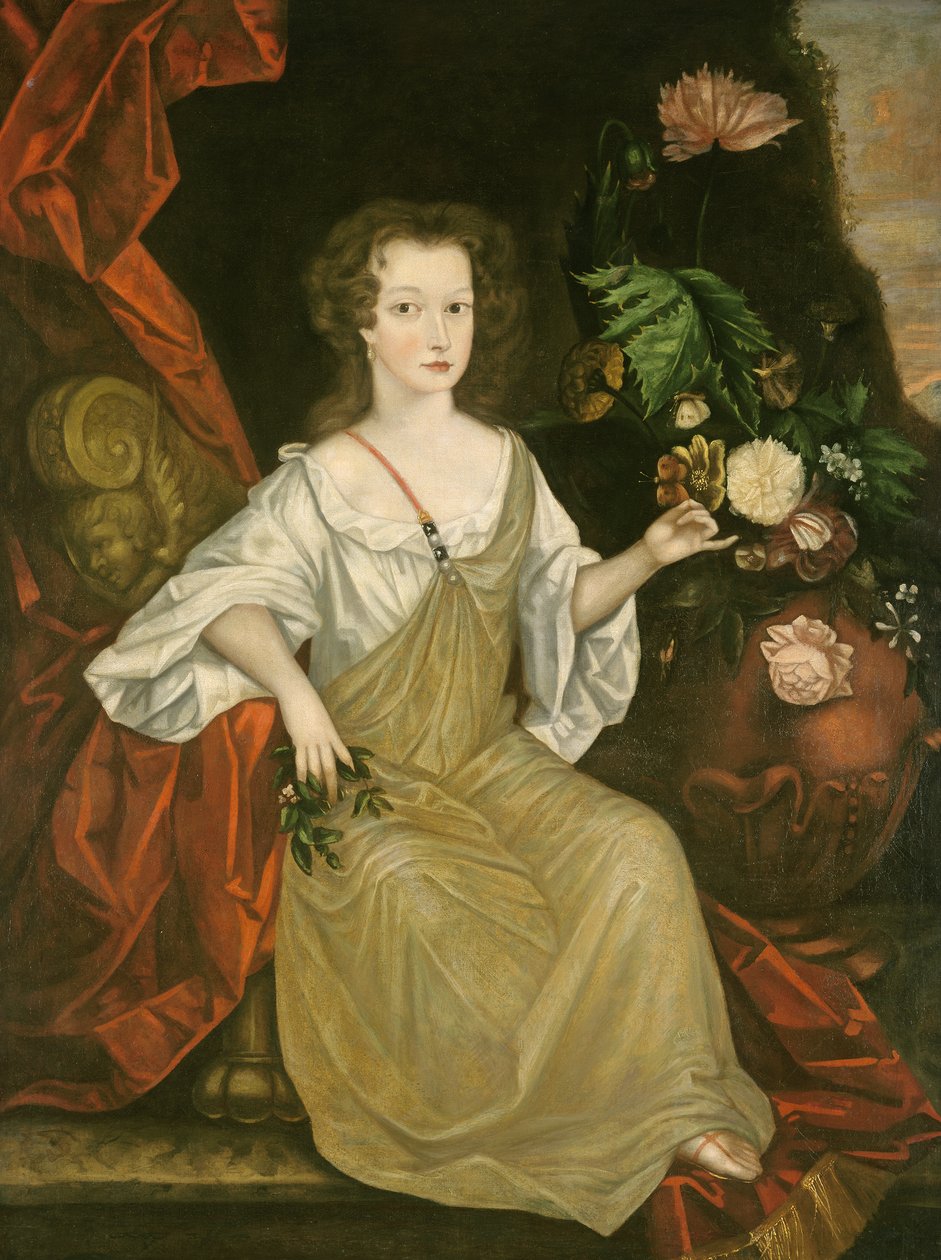 Ung kvinne med en sommerfugl, ca. 1710 (olje på lerret) av American School