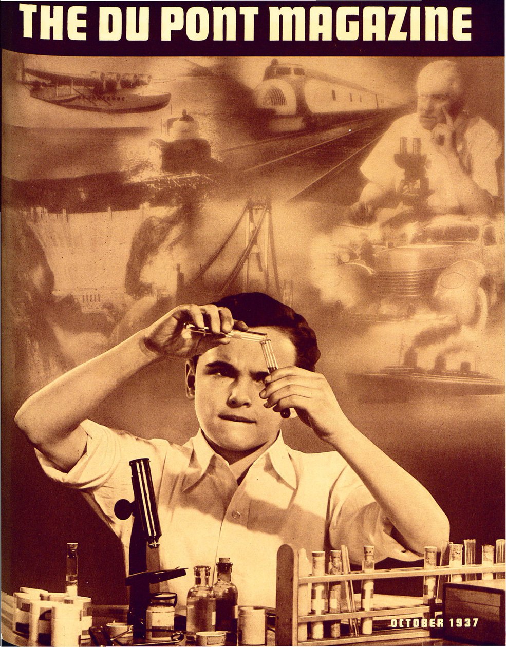 Ung gutt med kjemisett, forside av DuPont Magazine, oktober 1937 av American School