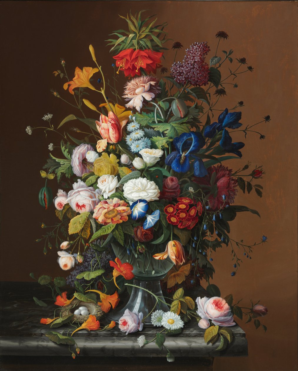 Blomsterstilleben med fuglerede av American Severin Roesen