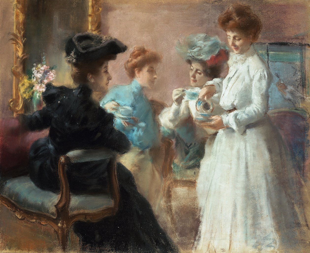 Teatime in my room in Via Senato, av Amerino Cagnoni (1853-1923), pastell på papir montert på lerret, 48x56,5 cm av Amerino Cagnoni