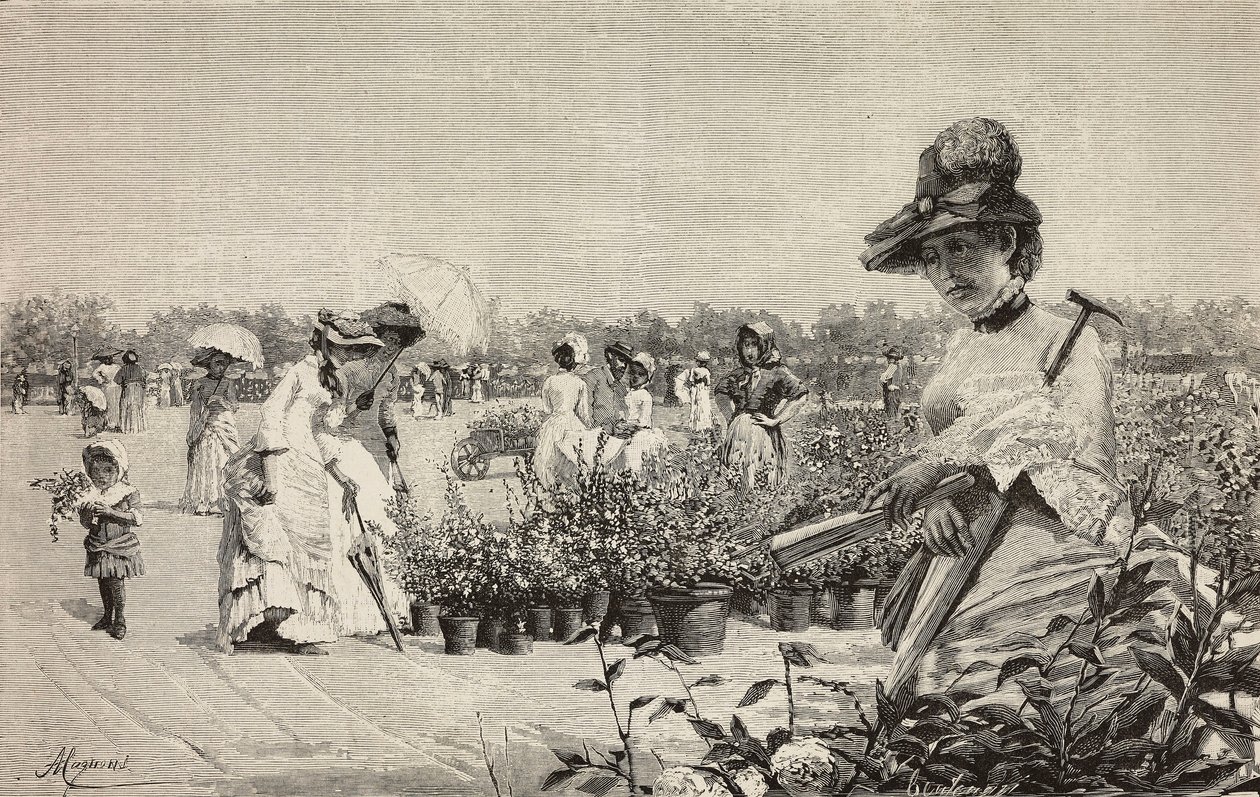 Kvinner som går i Brera, Milano, Italia, gravering fra maleriet Maggio (mai) av Amerino Cagnoni (1853-1923), fra L