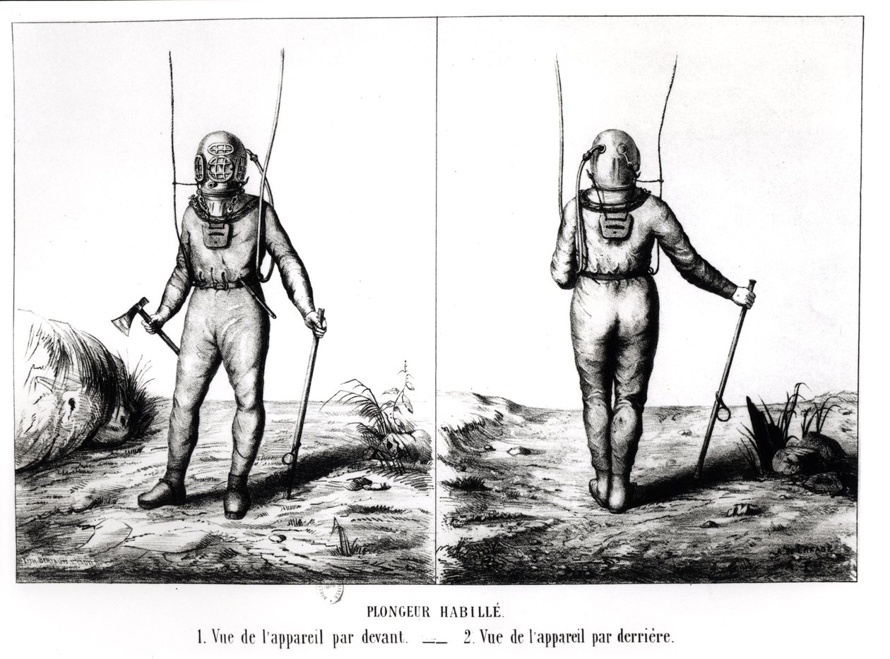 Deep Sea Diver, illustrasjon fra Scaphandre, Apparatus de Plongeur Cabirol, av Joseph-Martin Cabirol, publisert Paris 1855 (bw foto) av Amicar de Lafage