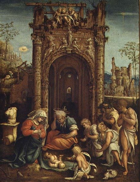Tilbedelse av hyrdene, ca. 1530 (olje på panel) av Amico Aspertini
