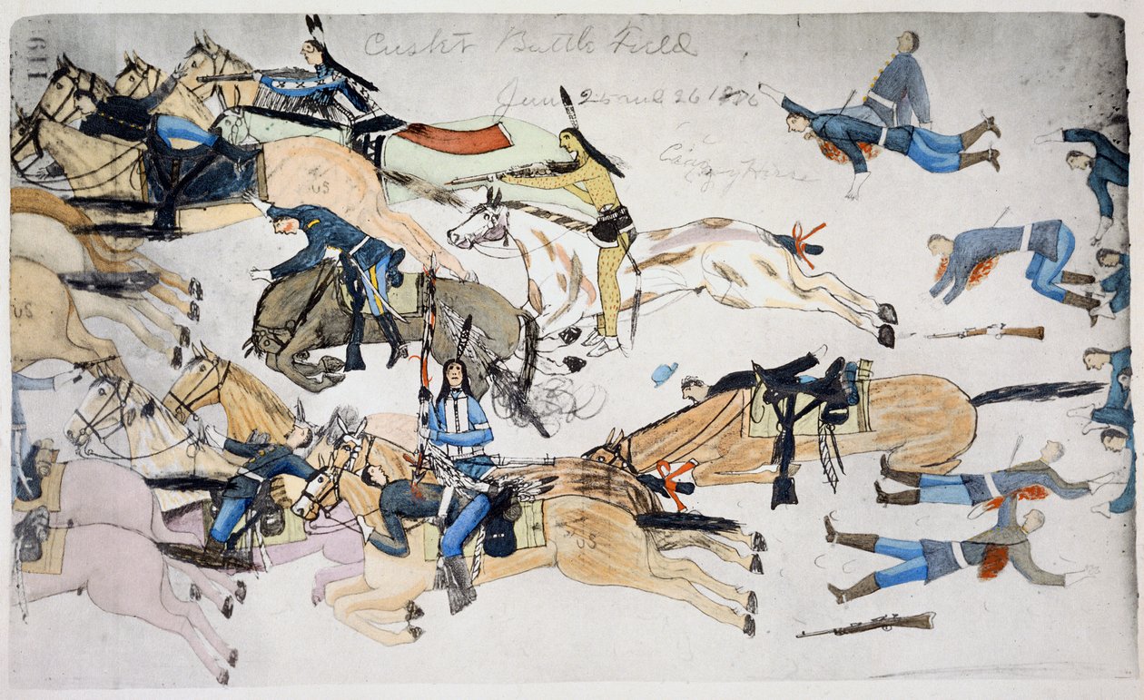 Slaget ved Little Bighorn, Montana, USA, 25.–26. juni 1876 c1900 av Amos Bad Heart Buffalo