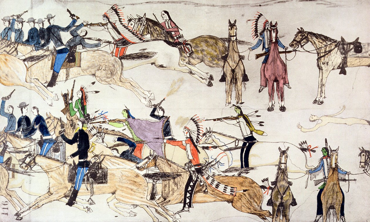 Slaget ved Little Bighorn, Montana, USA, 25.–26. juni 1876 c1900 av Amos Bad Heart Buffalo