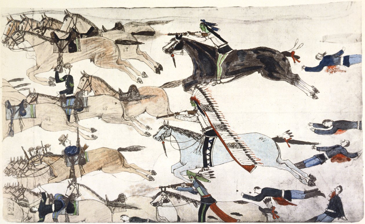 Slaget ved Little Bighorn, Montana, USA, 25.–26. juni 1876 c1900 av Amos Bad Heart Buffalo