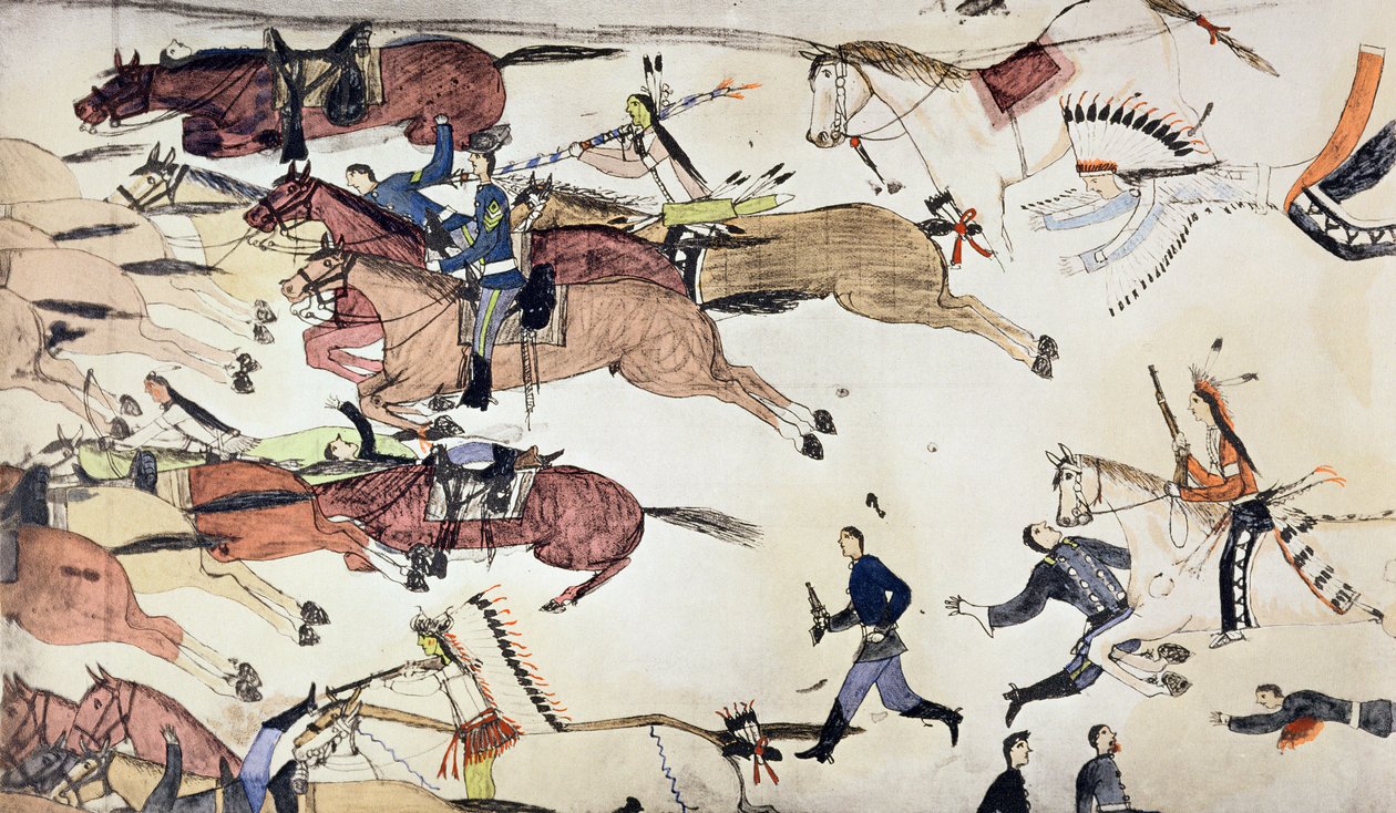 Slaget ved Little Bighorn, Montana, USA, 25.–26. juni 1876 c1900 av Amos Bad Heart Buffalo