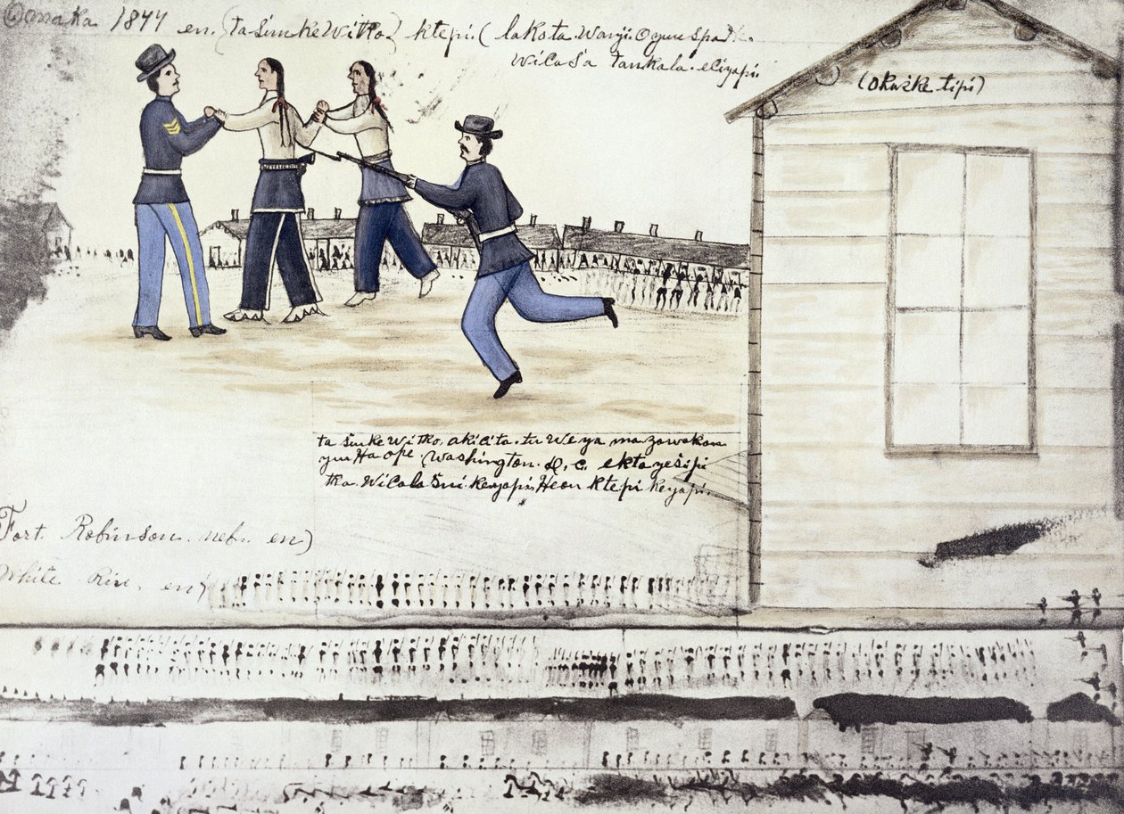 Crazy Horses død (ca. 1842-77) i 1877, Fort Robinson, Nebraska (blekk på papir) av Amos Bad Heart Buffalo