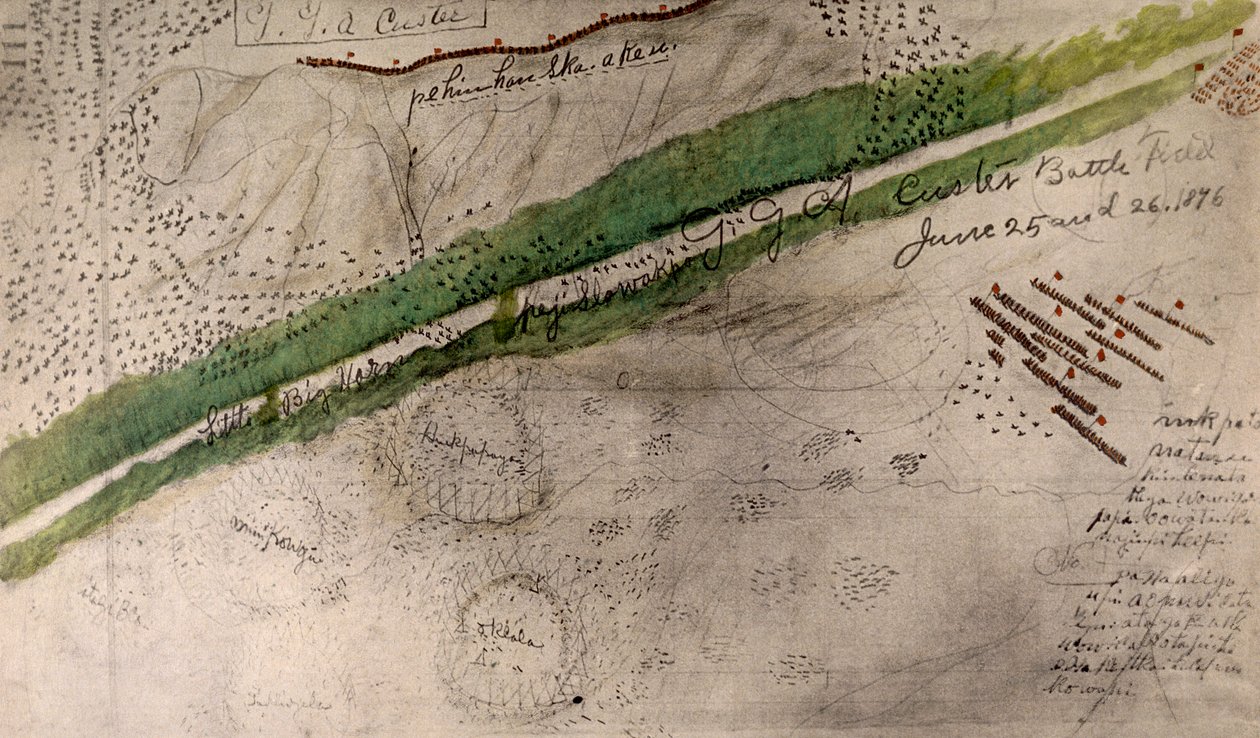 Topografisk kart over slagmarken til Little Big Horn (kull og blekk på papir) av Amos Bad Heart Buffalo