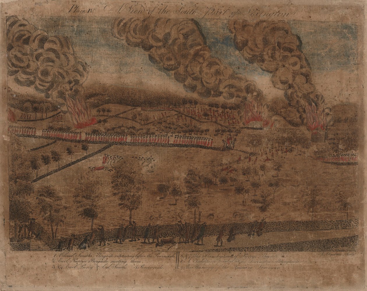 The Battles of Lexington and Concord: Plate I, The Battle of Lexington, 19. april 1775. Plate II, A View of the Town of Concord. Plate III: Forlovelsen ved South Bridge i Concord. Plate IV: En del av den sørlige delen av Lexington. av Amos Doolittle