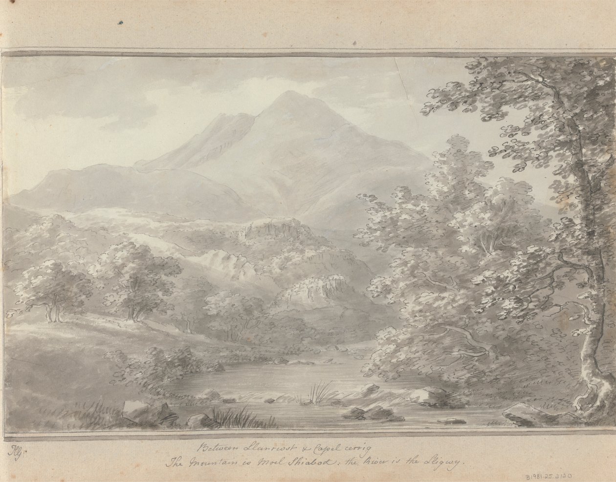 Utsikt i England, Skottland og Wales: Mellom Llanrwst og Capel Cerrig er fjellet Moel Shiabod, elven er Lligwy av Amos Green