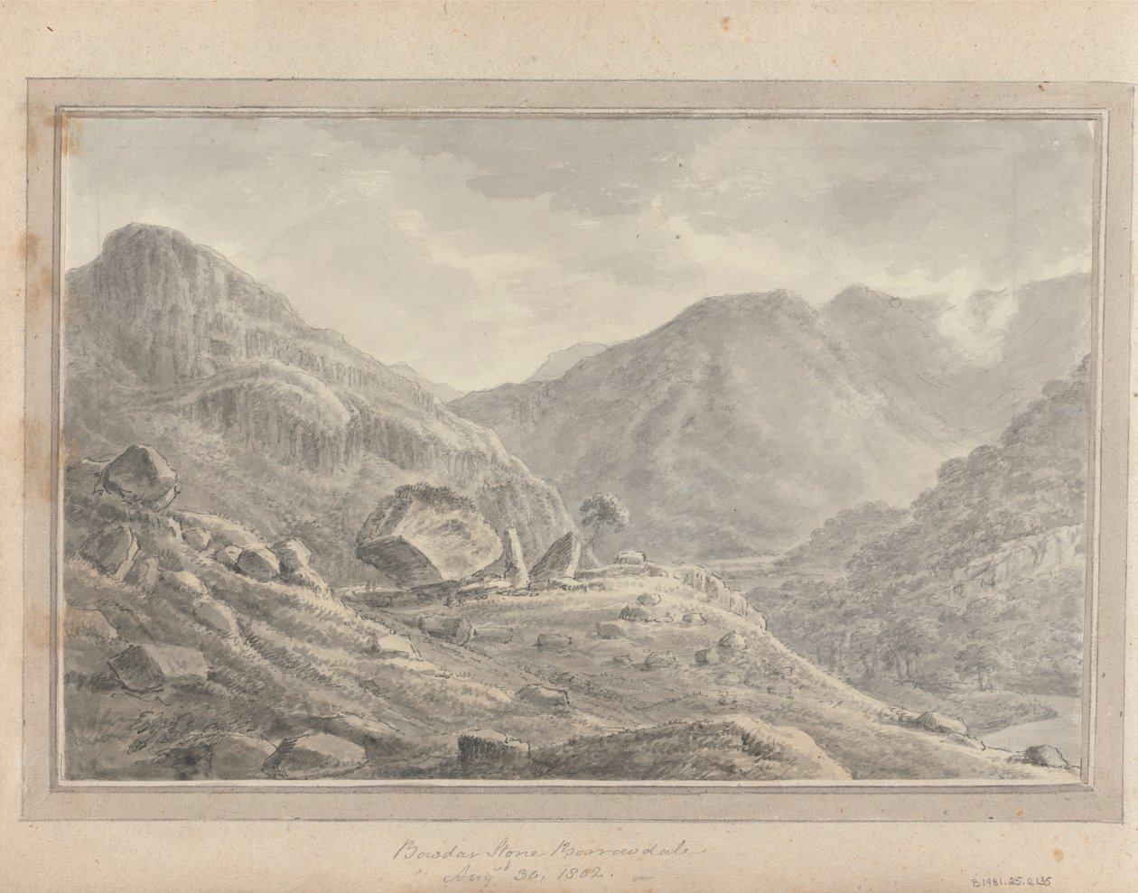 Utsikt i England, Skottland og Wales: Bowdar Stone Borrowdale, 30. august 1802 av Amos Green