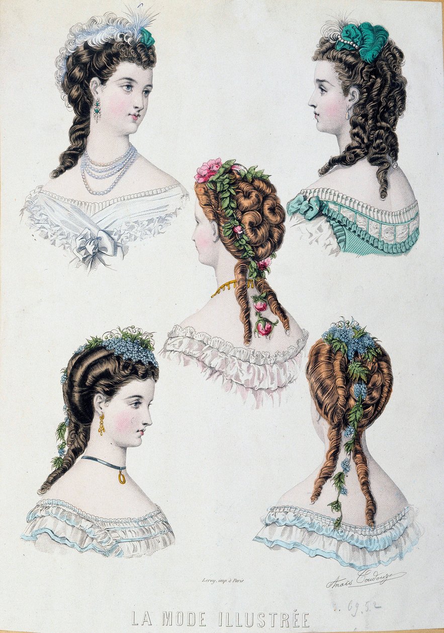 Fem frisyrer av kvinner Plate hentet fra "La mode illustree"" av Anais Coutwelve av Anais Toudouze