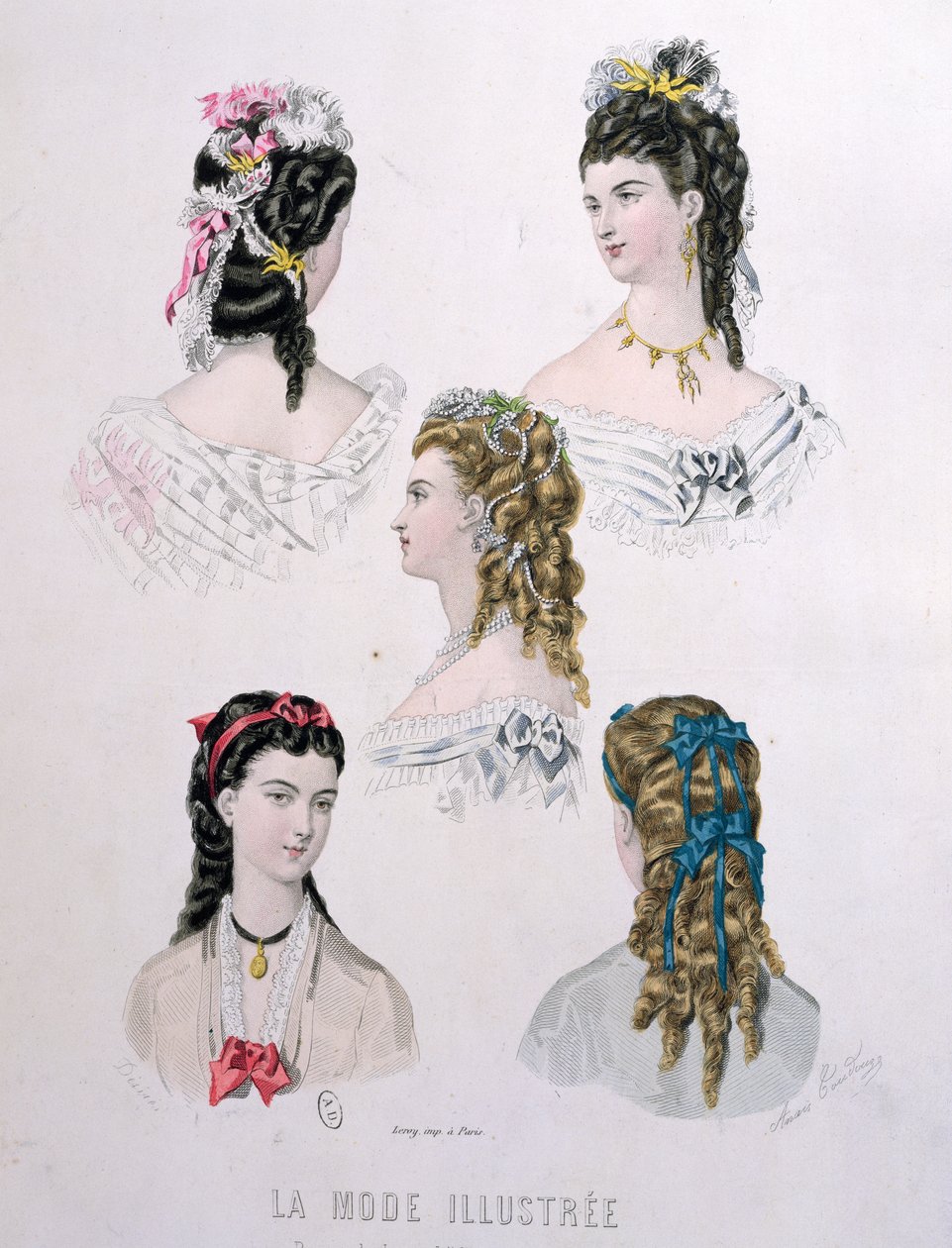 Frisyrer med bånd, illustrasjon fra 'La Mode Illustree', 1872 (fargegravering) av Anais Toudouze