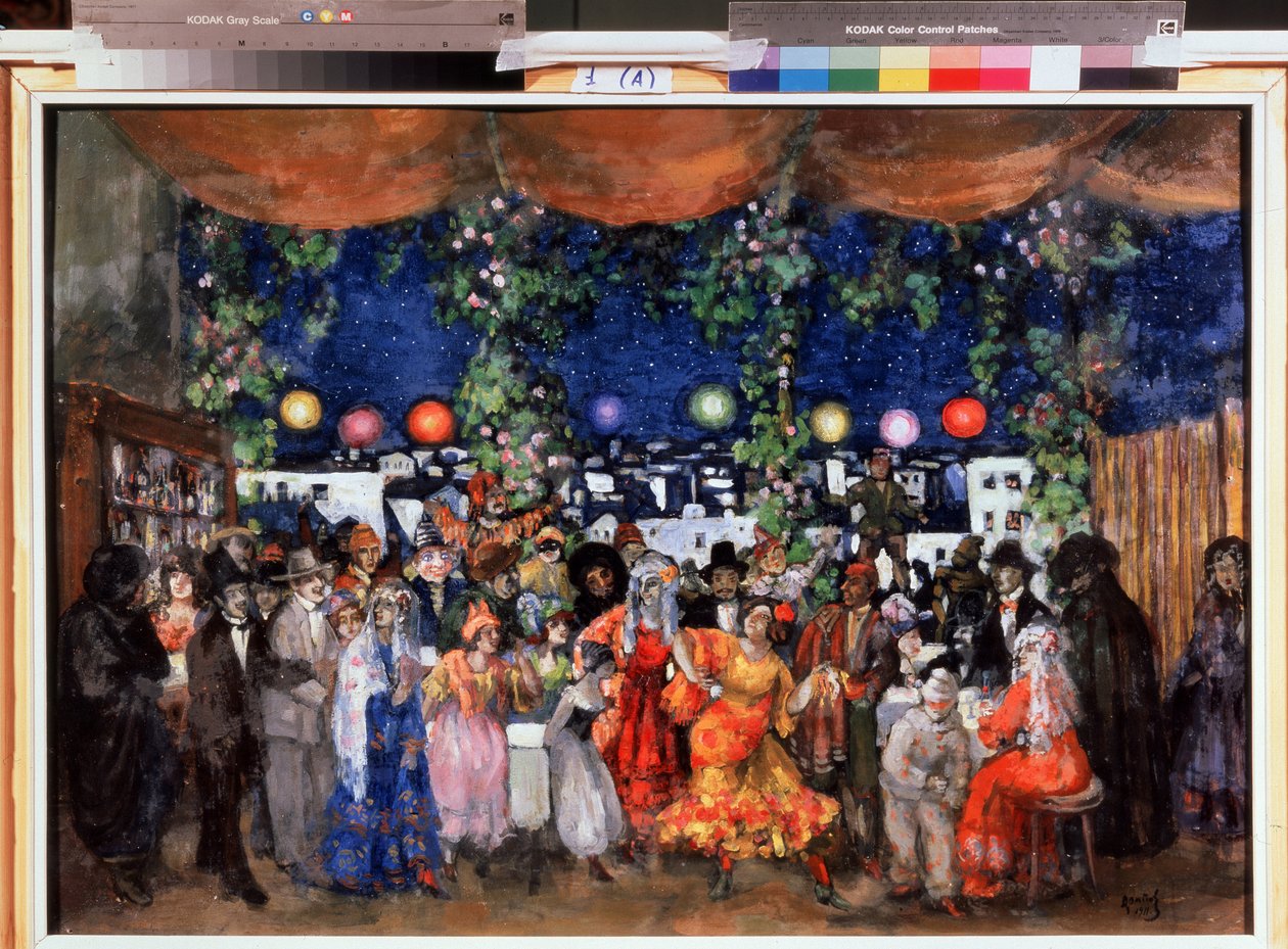 Karneval i Spania (Karneval i Spania). Maleri av Anatoly Afanasyevich Arapov (1876-1949). Olje på papp, 68,5 x 98,5 cm av Anatoli Afanasyevich Arapov