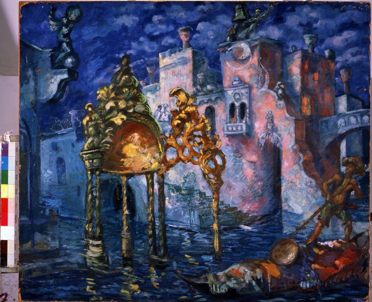 Venezia, scenografi for stykket La Locandiera av Carlo Goldoni (1707-1793) (Venezia, Scenografi for stykket La Locandiera av C. Goldoni). Maleri av Anatoli Afanasyevich Arapov (1876-1949). Gouache og pastell på papp, 86 x 100 cm av Anatoli Afanasyevich Arapov