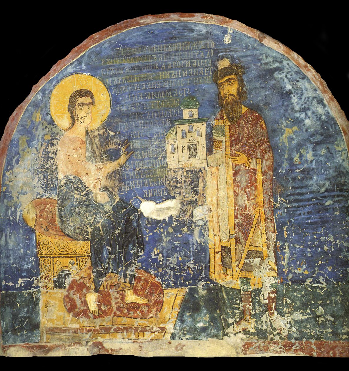 Storprins Yaroslav II Vsevolodovich med modell av Nereditsa-kirken før Kristus, 1100-tallet av Ancient Russian frescos
