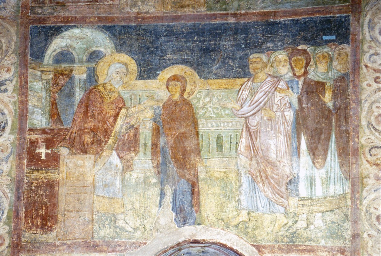 Jomfruen mottar lilla og cochenille av Ancient Russian frescos