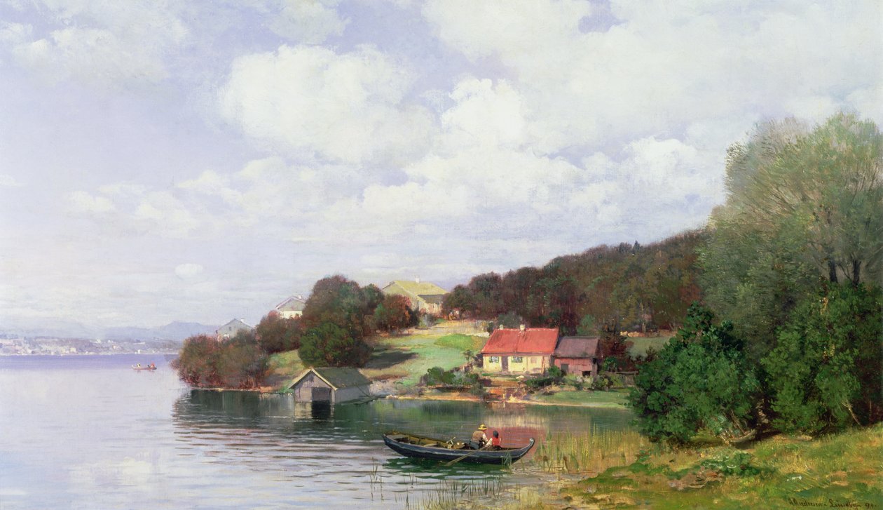 Båtliv på en innsjø, 1891 av Anders Andersen Lundby