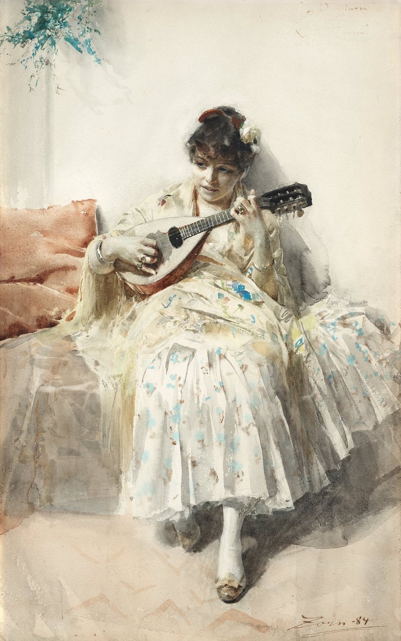 Jente som leker mandolin av Anders Leonard Zorn