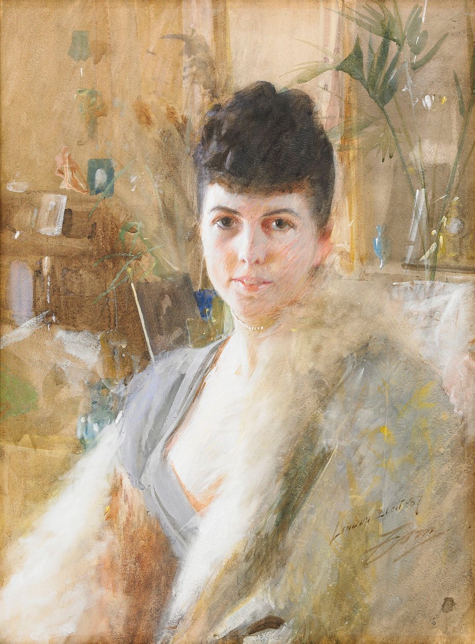 Dame med pelskappe av Anders Leonard Zorn