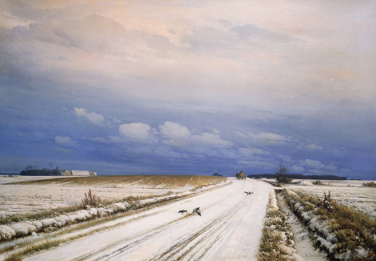 Et vinterlandskap med hest og vogn, av Anders Andersen Lundby
