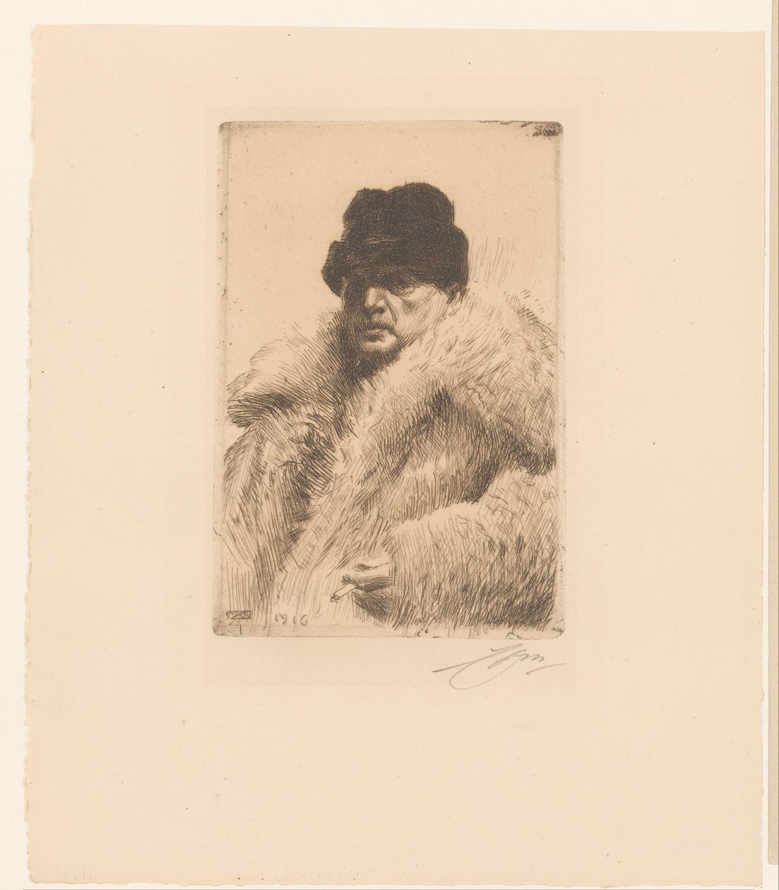 Selvportrett med pels og lue av Anders Leonard Zorn (signed by artist)