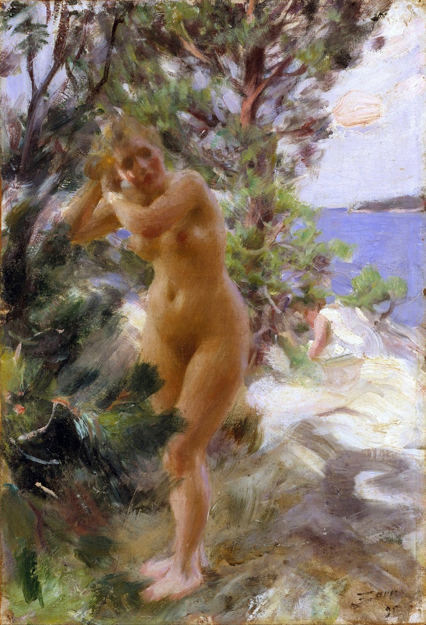 Apres le bain - Etter badet - Zorn, Anders Leonard (1860-1920) - 1895 - Olje på lerret - 53,5x36,5 - Nationalmuseum Stockholm av Anders Leonard Zorn