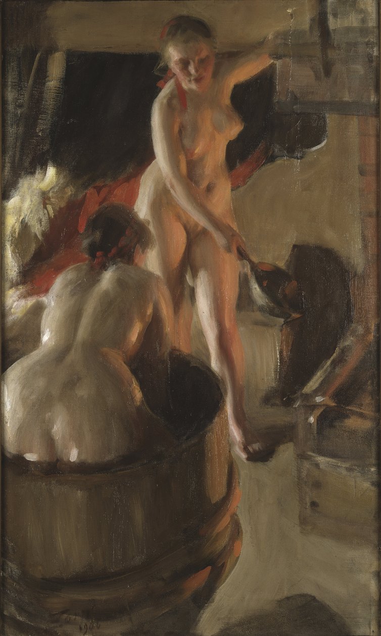 Filles de Dalecarlie prenant un bain - Jenter fra Dalarna som har et bad, av Zorn, Anders Leonard (1860-1920). Olje på lerret av Anders Leonard Zorn