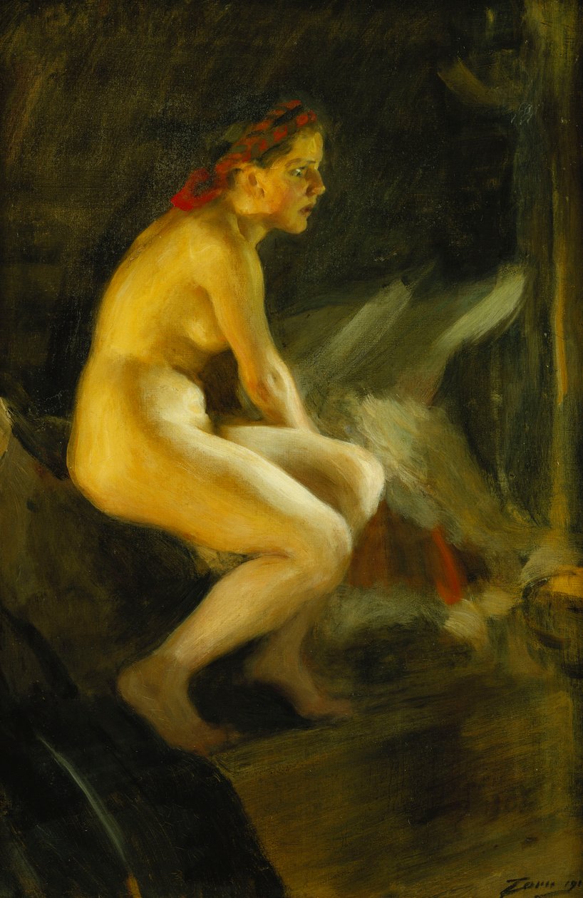 På sengen; Pa Sangkanten, 1910 av Anders Leonard Zorn