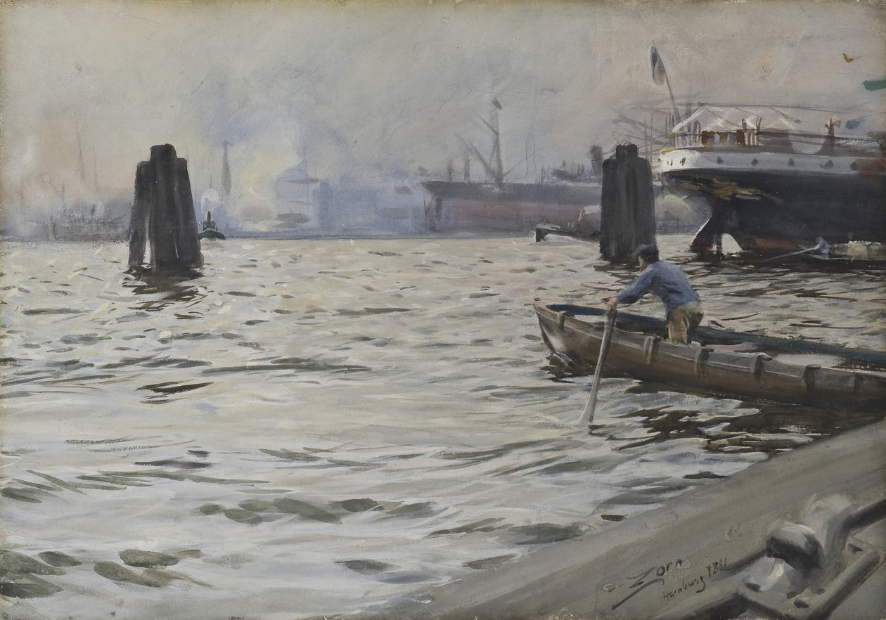 Hamburg havn, 1891 (wc på papir) av Anders Leonard Zorn