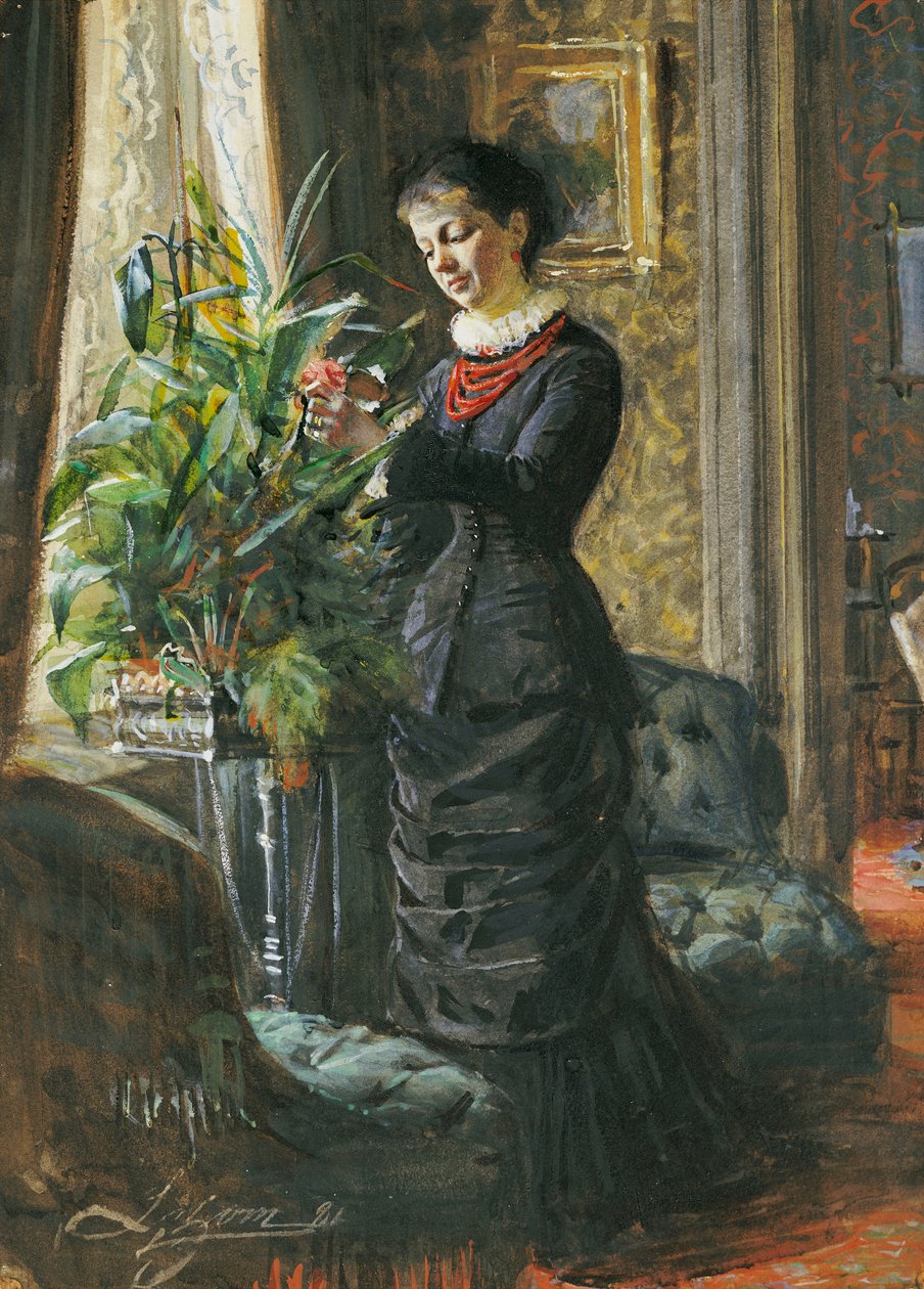 Portrett av fru Lisen Samson, født Hirsch, arrangerer blomster ved et vindu, 1881 av Anders Leonard Zorn