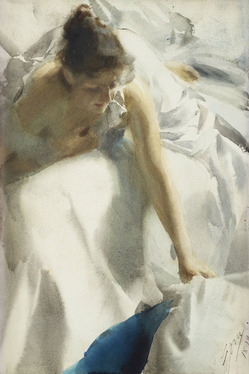 ""Reveil, boulevard Clichy, Paris"" (Awakening, Boulevard Clichy) Ung jente i negligé - Akvarell av Anders Leonard Zorn (1860-1920) 1892 Privat samling av Anders Leonard Zorn