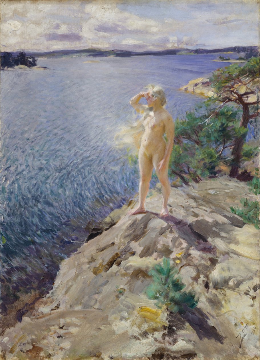 ""Sur les rochers"" Jeune femme nue scrutant l