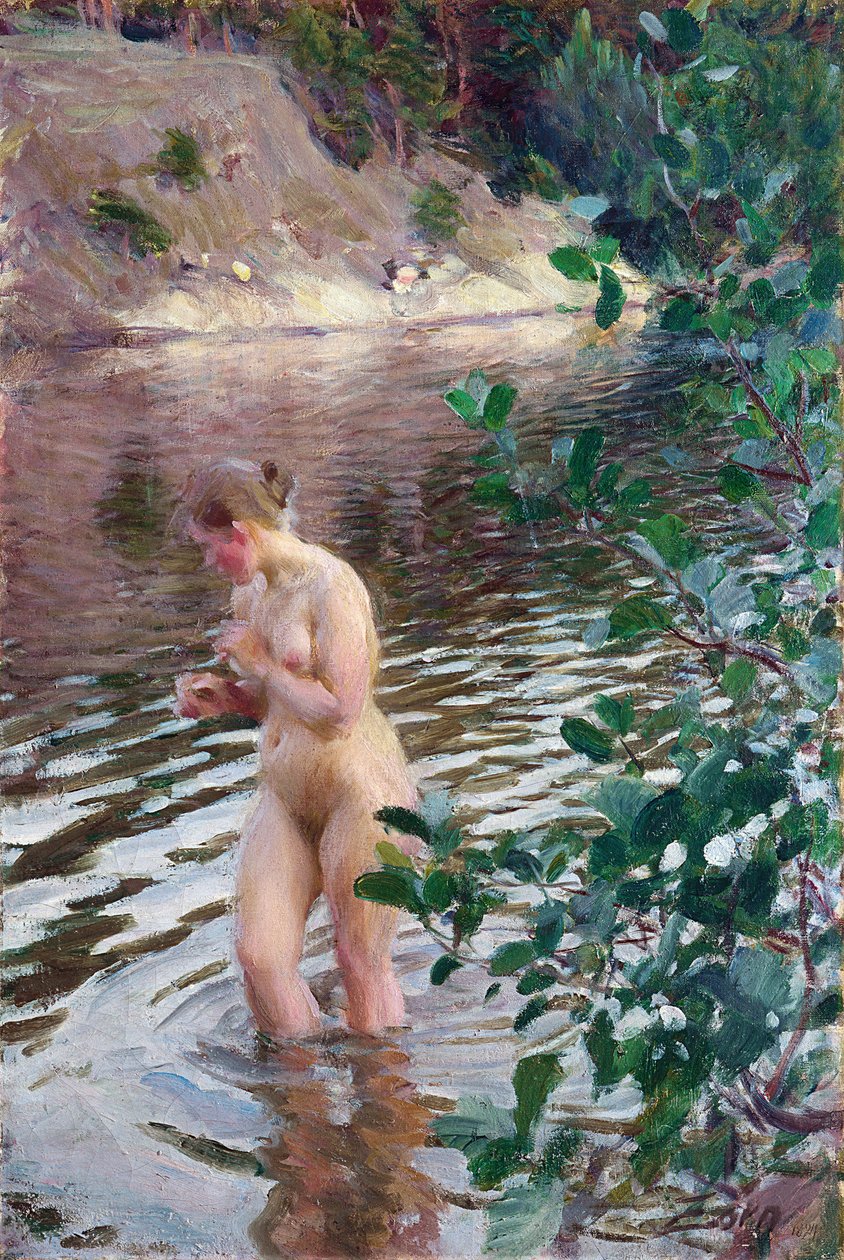 Den kalde strømmen par Zorn, Anders Leonard (1860-1920). Olje på lerret, størrelse: 98x66 av Anders Leonard Zorn