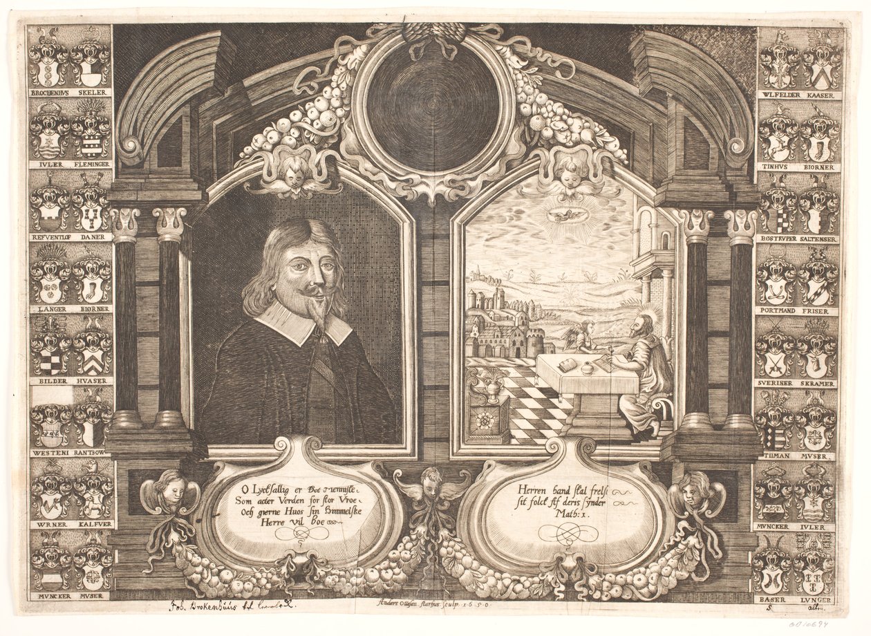Johan Brockenhuus og scene med evangelisten Matteus. Til begravelsesprekenen av Anders Ottesen