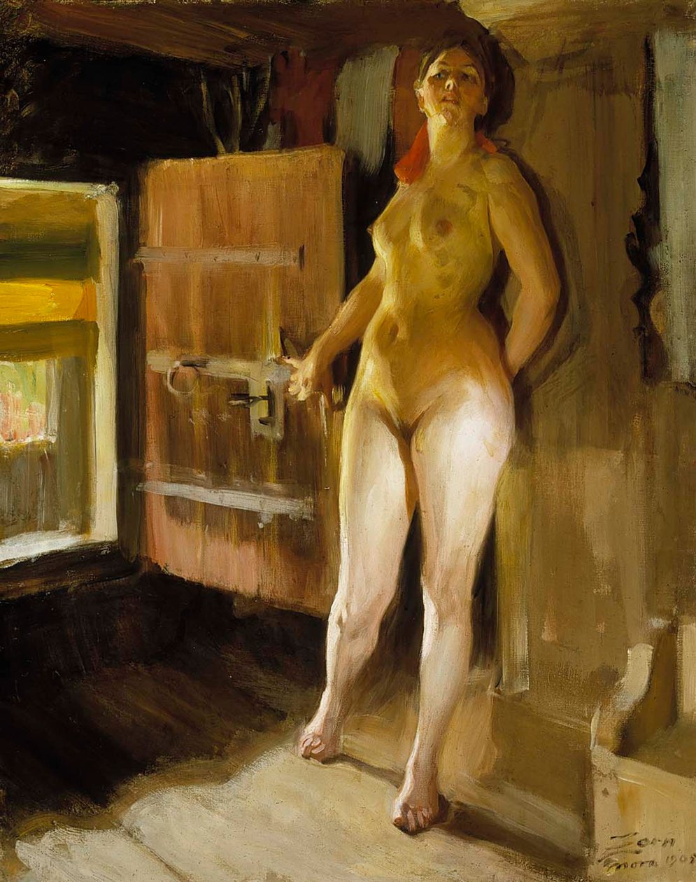 Ved døren til loftet; jente på loftet av Anders Zorn
