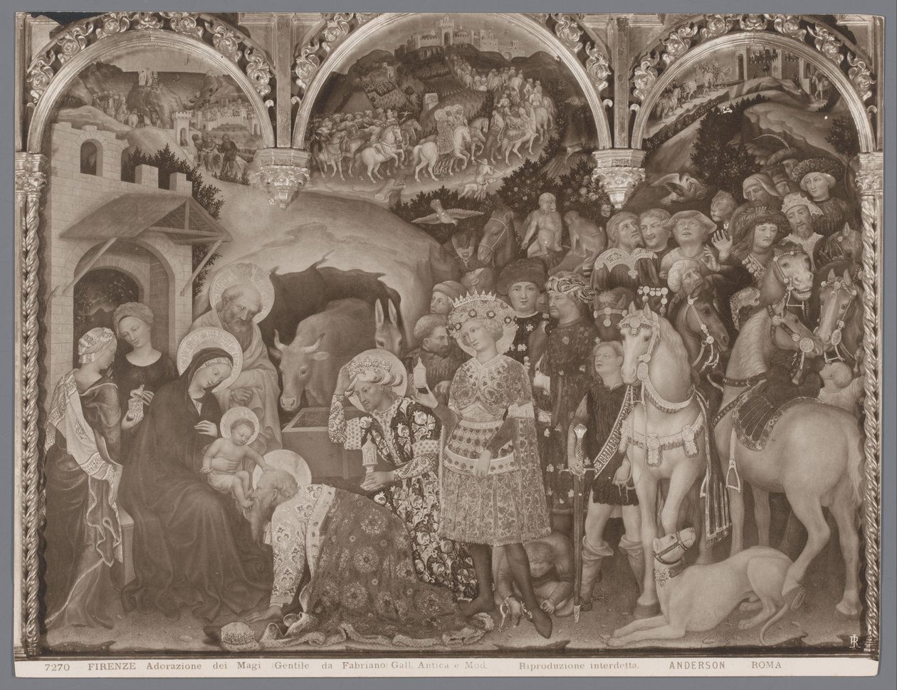 Fotoreproduksjon av maleriet Adoration of the Magi av Gentile da Fabriano Firenze, Adorazione dei Magi (Gentile da Fabriano) Gall. Antica e Mod. (tittel på objekt) av Anderson (firma)