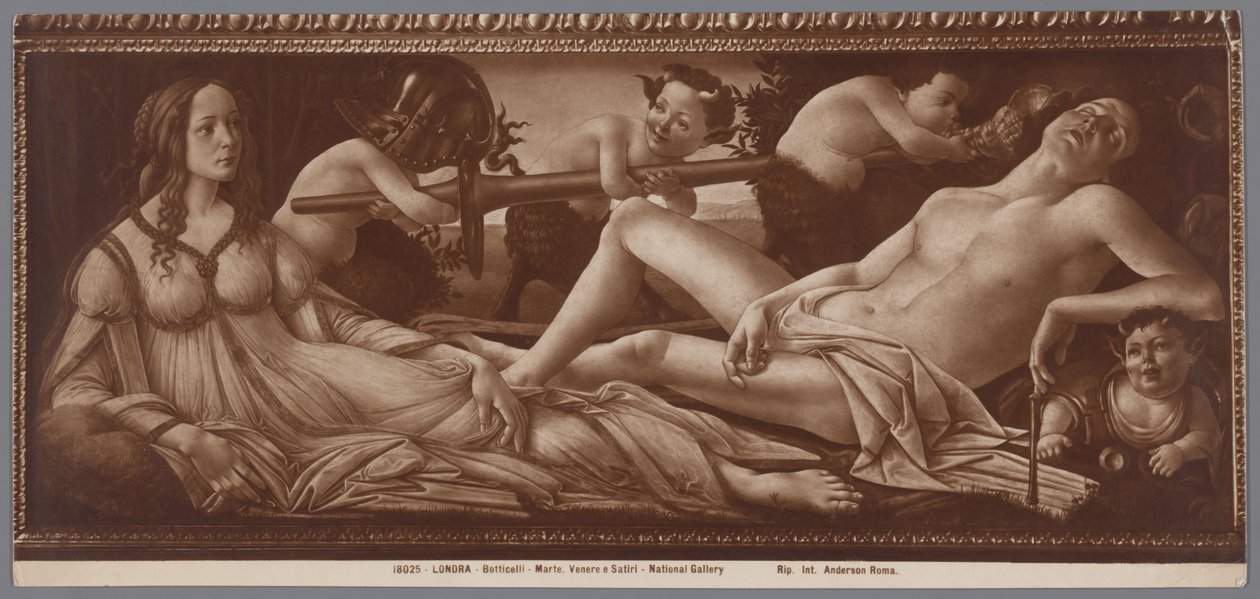Fotoreproduksjon av maleriet Venus og Mars av Sandro Botticelli Londra, Botticelli, Marte, Venere e Satiri, Nasjonalgalleriet (tittel på objekt) av Anderson (firma)
