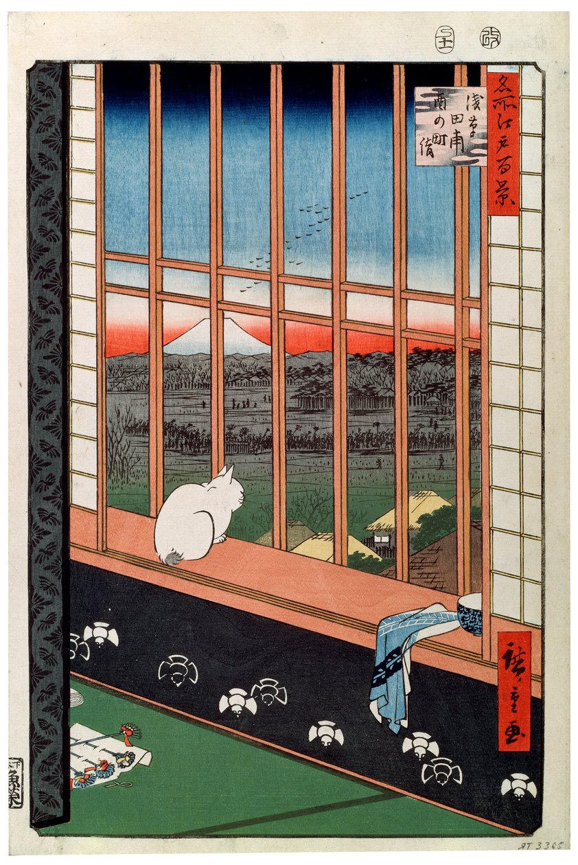 En katt som sitter på vindussetet, 1800-tallet av Ando Hiroshige