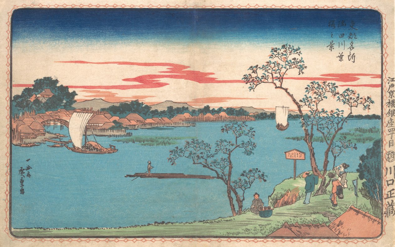 En utsikt over kirsebærtrær i blad langs Sumida-elven, 1831., 1831. av Ando Hiroshige