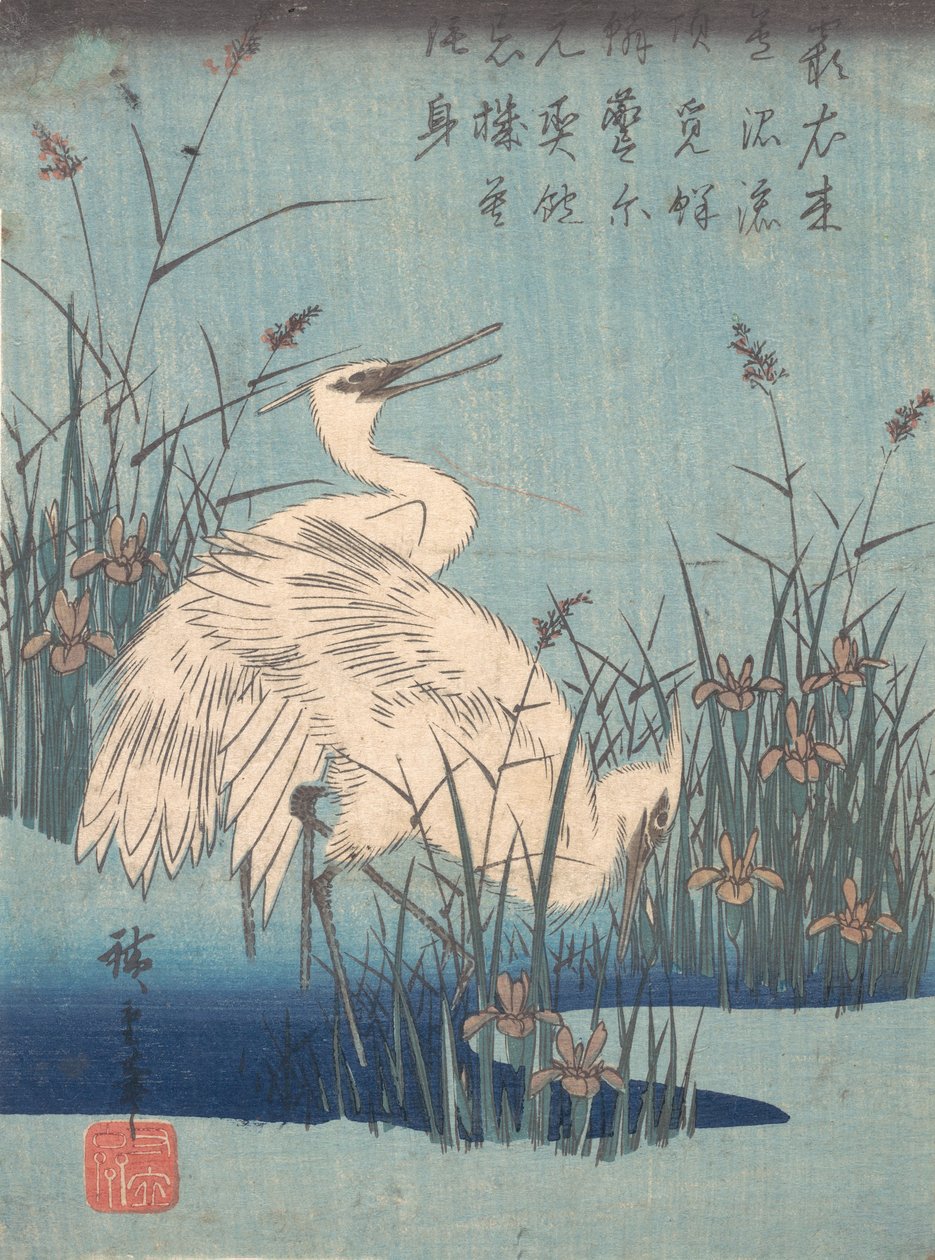 Egret i Iris and Grass, ca. 1837., ca. 1837. av Ando Hiroshige
