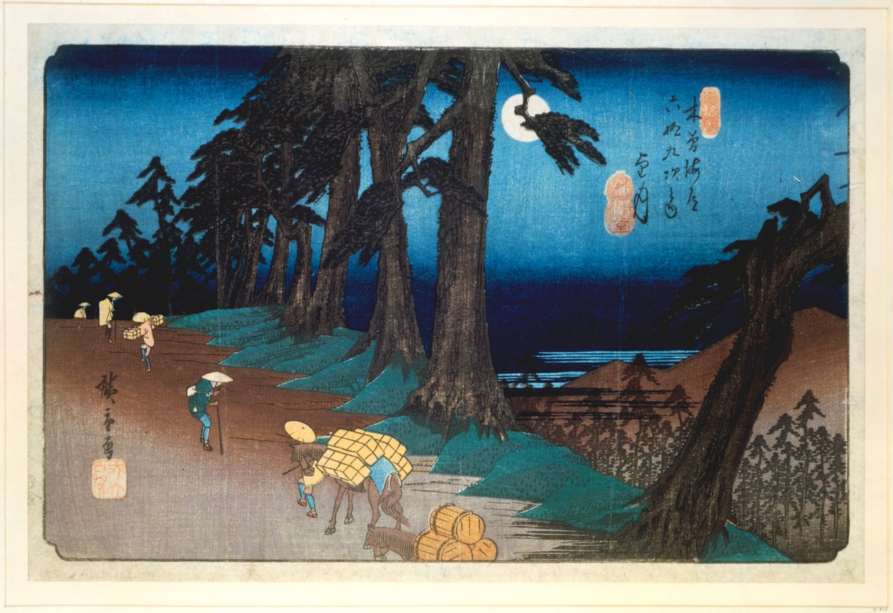 Fullmåne ved Mochizuki, fra 69 stasjoner i Kisokaido, 1832 av Ando Hiroshige