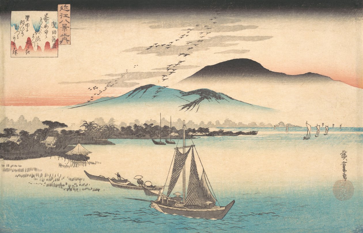 Gjess som flyr ned til Katada. av Ando Hiroshige