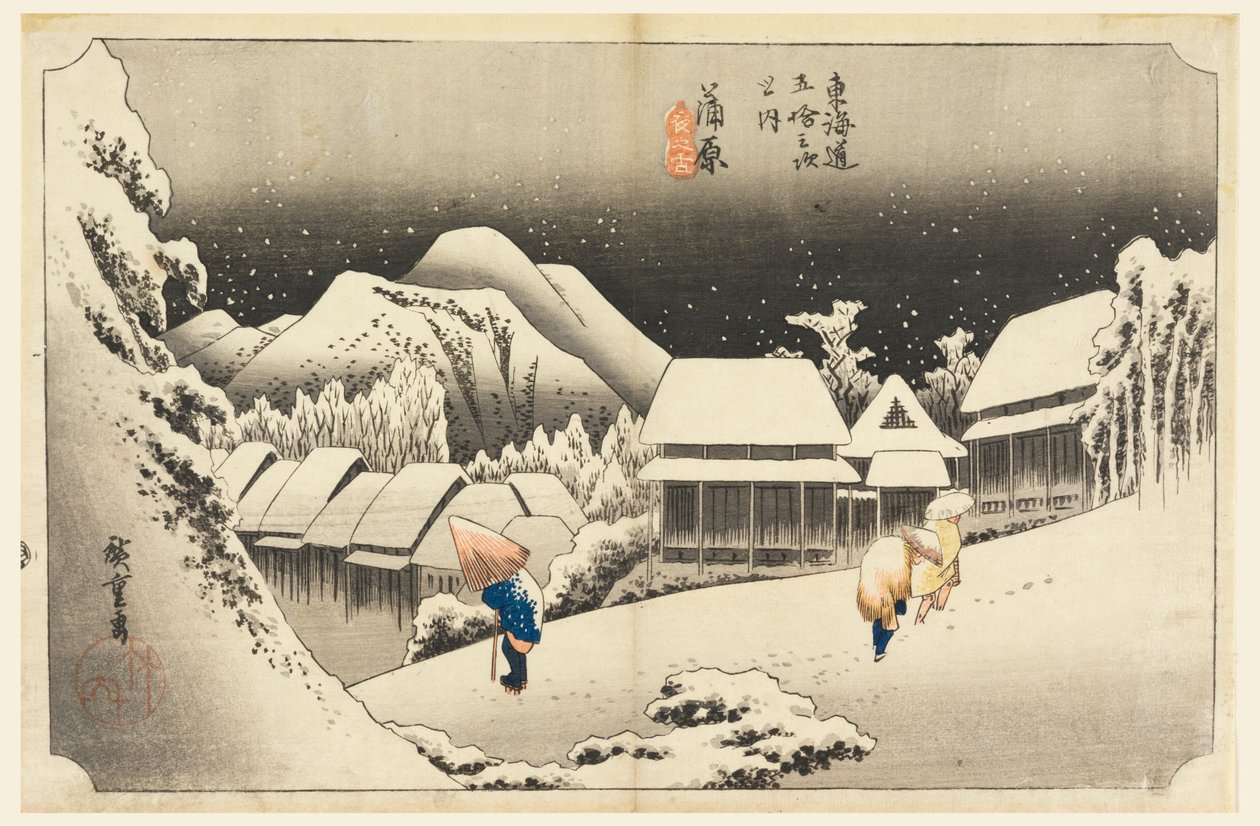 Kambara, Snow at Twilight, i The Fifty-Three Stations of the Tokaido Road (Tokaido Gojusan Tsugi-no Uchi) av Ando Hiroshige