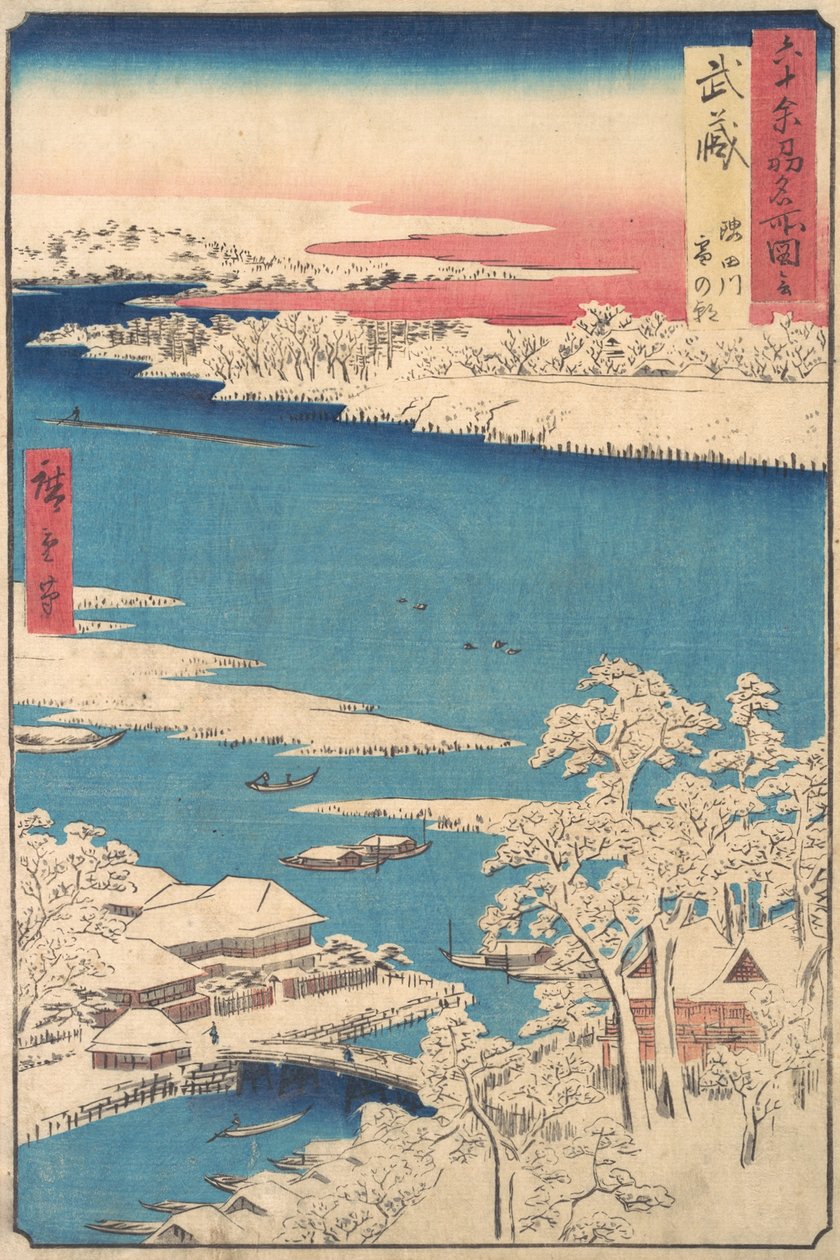 Morgen etter et snøfall, Sumida-elven, Musashi-provinsen, fra serien Views o..., ca. 1853. av Ando Hiroshige