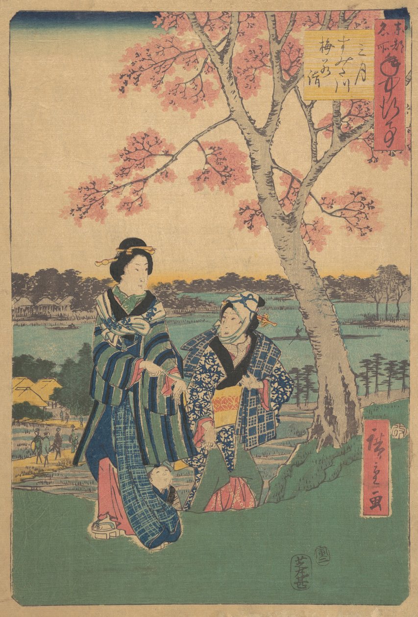 Plommeblomstervisning i den tredje måneden ved Sumida-elven fra serien Annual Events at F..., 1854. av Ando Hiroshige