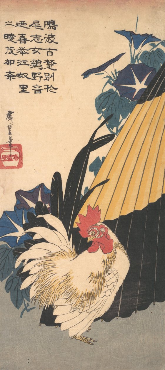 Hane, paraply og Morning Glories, ca. 1830., ca. 1830. av Ando Hiroshige