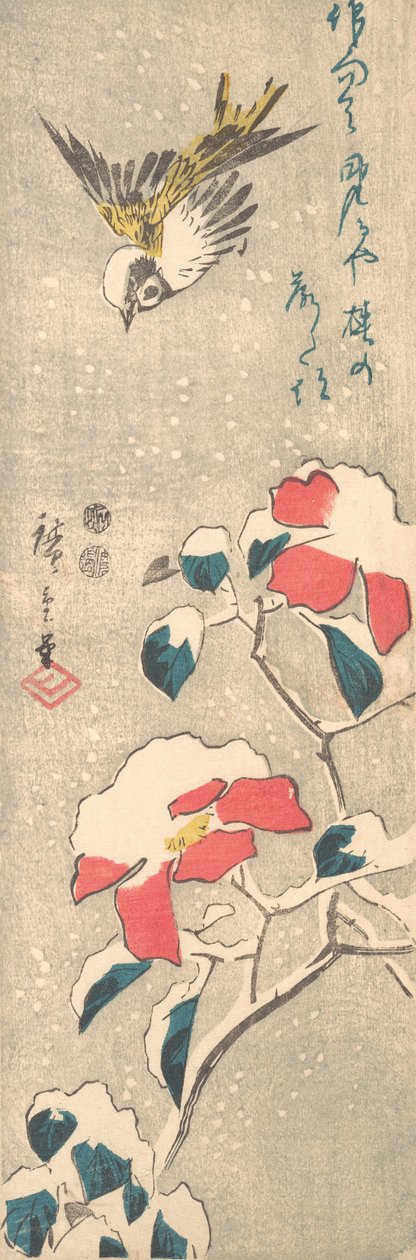 Spurv og snødekt Camellia Tsubaki, ca. 1845., ca. 1845. av Ando Hiroshige