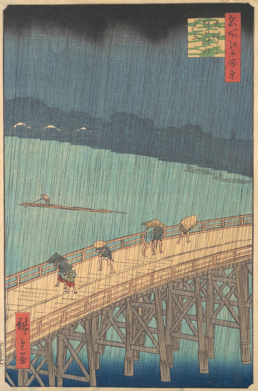 Sudden Shower over Shin-Ohashi Bridge and Atake Ohashi Atake no yudachi, from the series..., 1857. av Ando Hiroshige